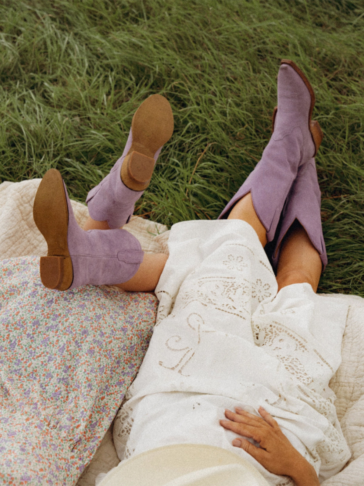 Lavender Faux Suede Snip-Toe Stitch Classic Wide Calf Knee High Cowgirl Boots