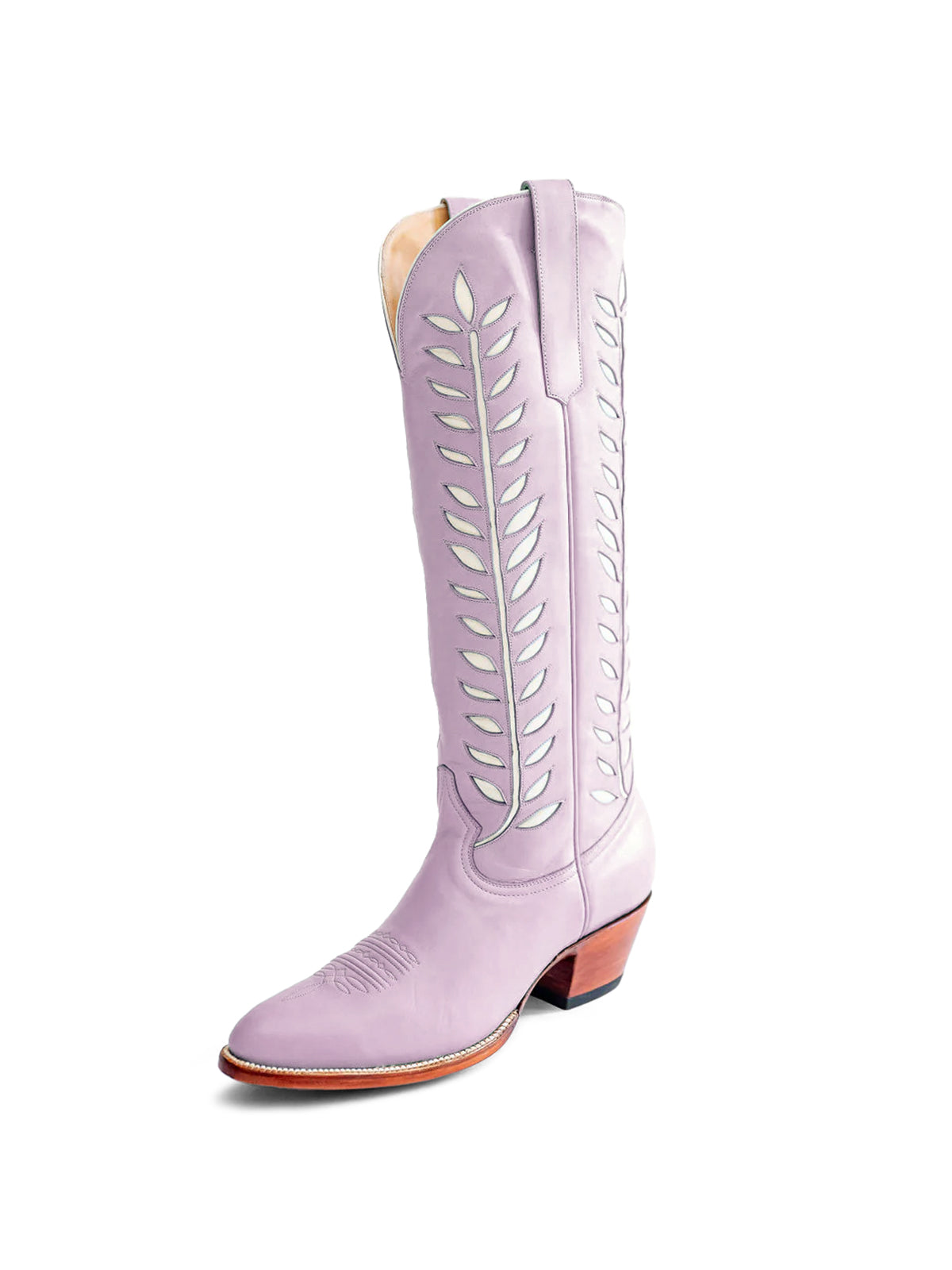 Almond-Toe White Leaves Inlay Wide Calf Tall Knee High Cowgirl Boots - Lavender