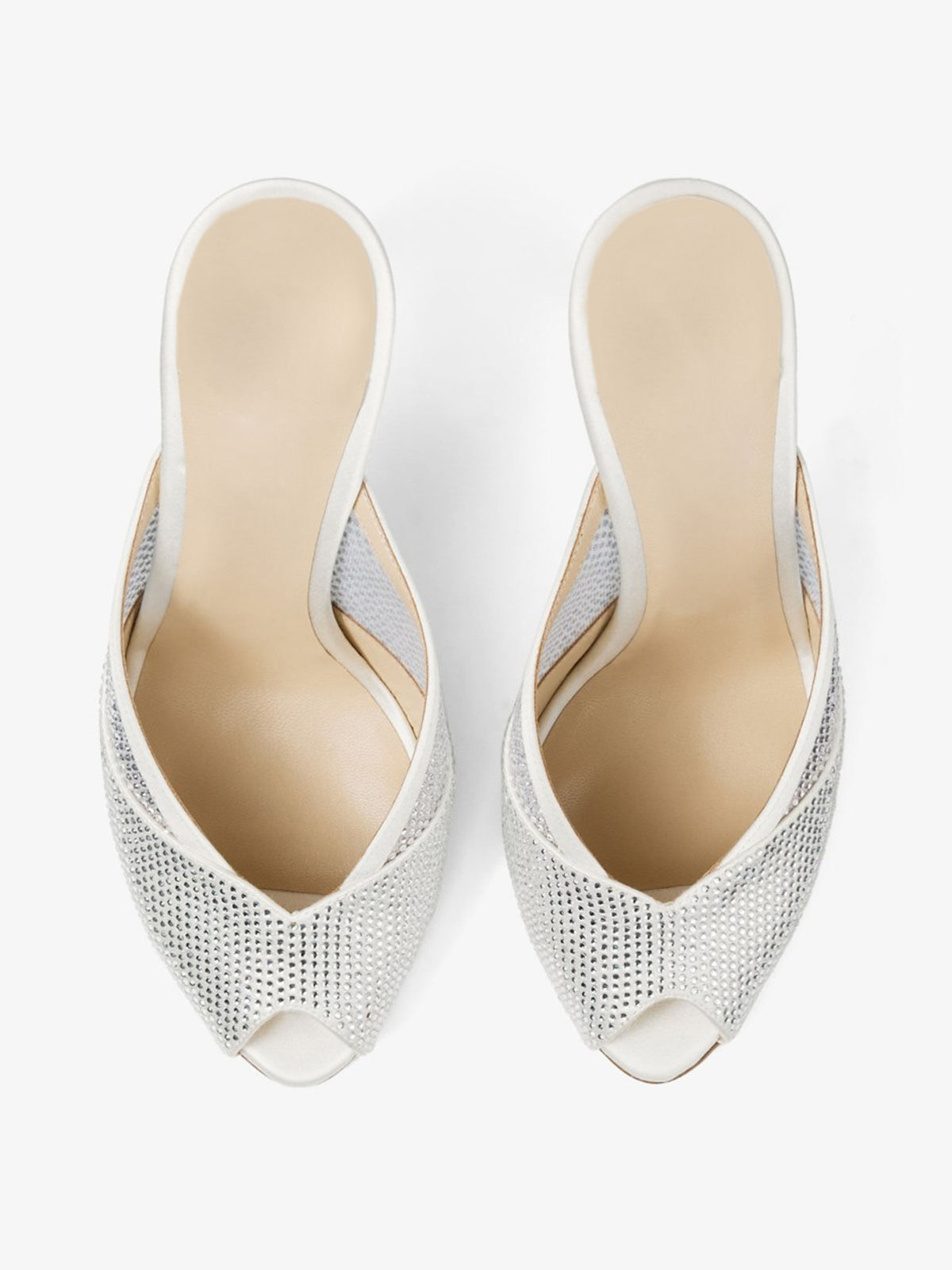 Ivory Satin And Crystals Mesh Peep Round-Toe Slip-On Mules High Heels