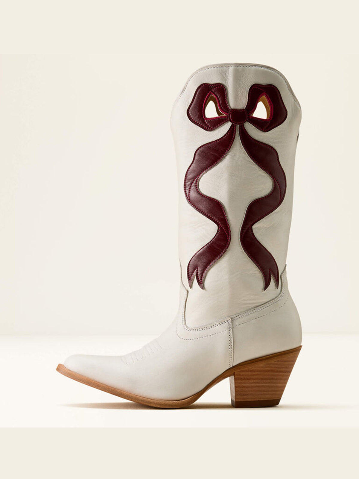 Ivory Almond-Toe Maroon Side Big Bow Applique Mid Calf Cowgirl Boots