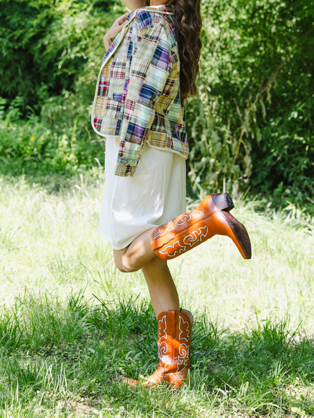 Brown Snip-Toe Stylish Inlay Classic Mid Calf Cowgirl Boots