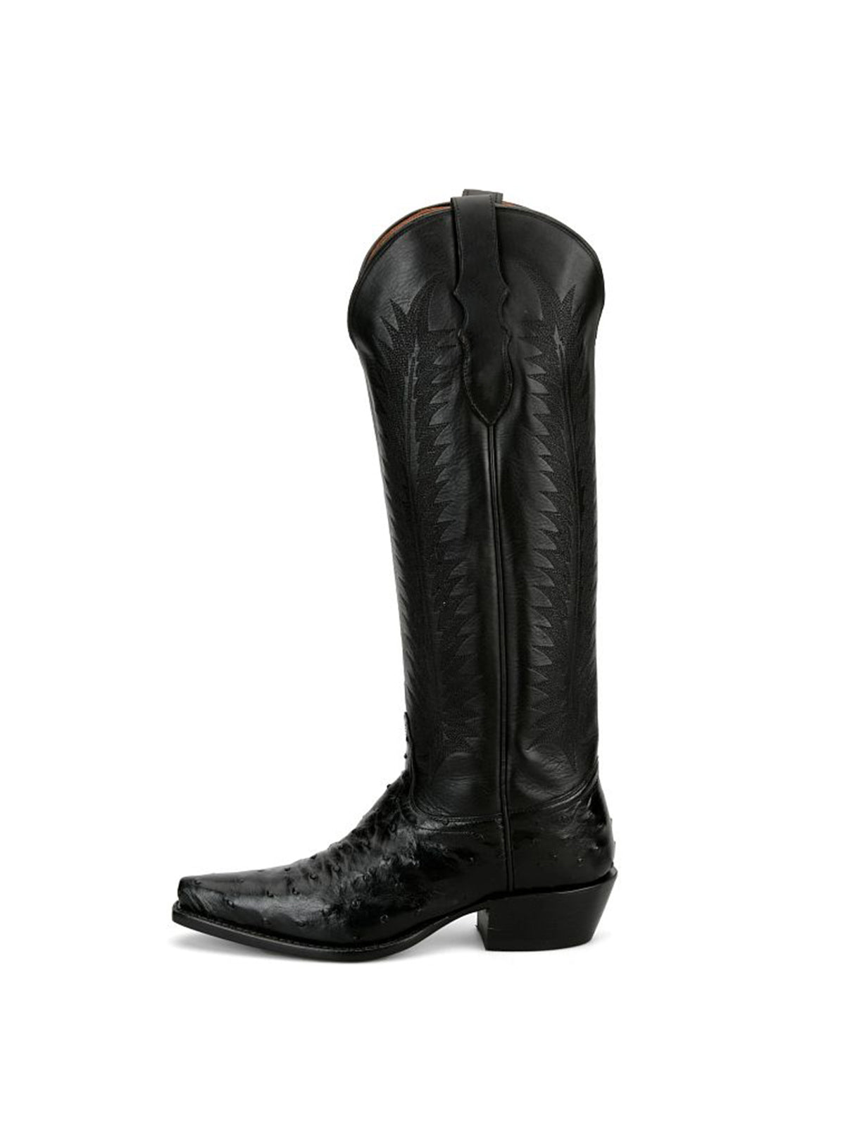 Black Ostrich Print Snip-Toe Western Stitch Knee High Cowgirl Boots