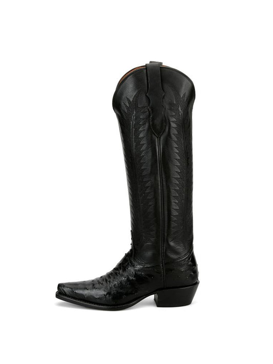 Black Ostrich Print Snip-Toe Western Stitch Knee High Cowgirl Boots