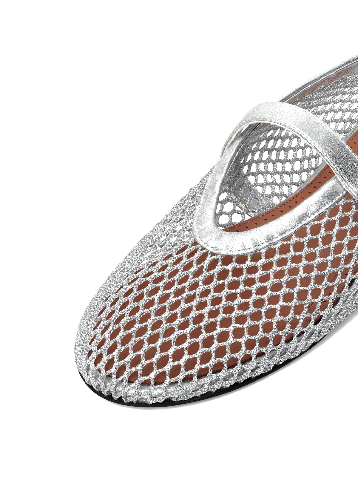 Metallic Silver Mesh And Vegan Leather Round-Toe Buckle Bridge Strap Flats