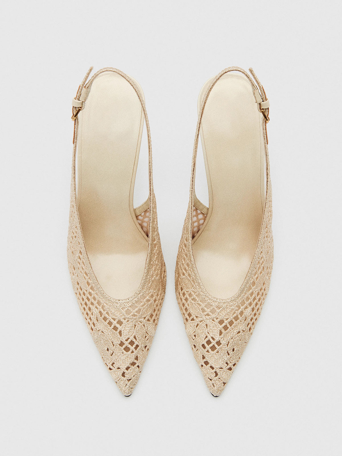 Cream Woven And Mesh Pointed-Toe Buckle Back Strap High Heels