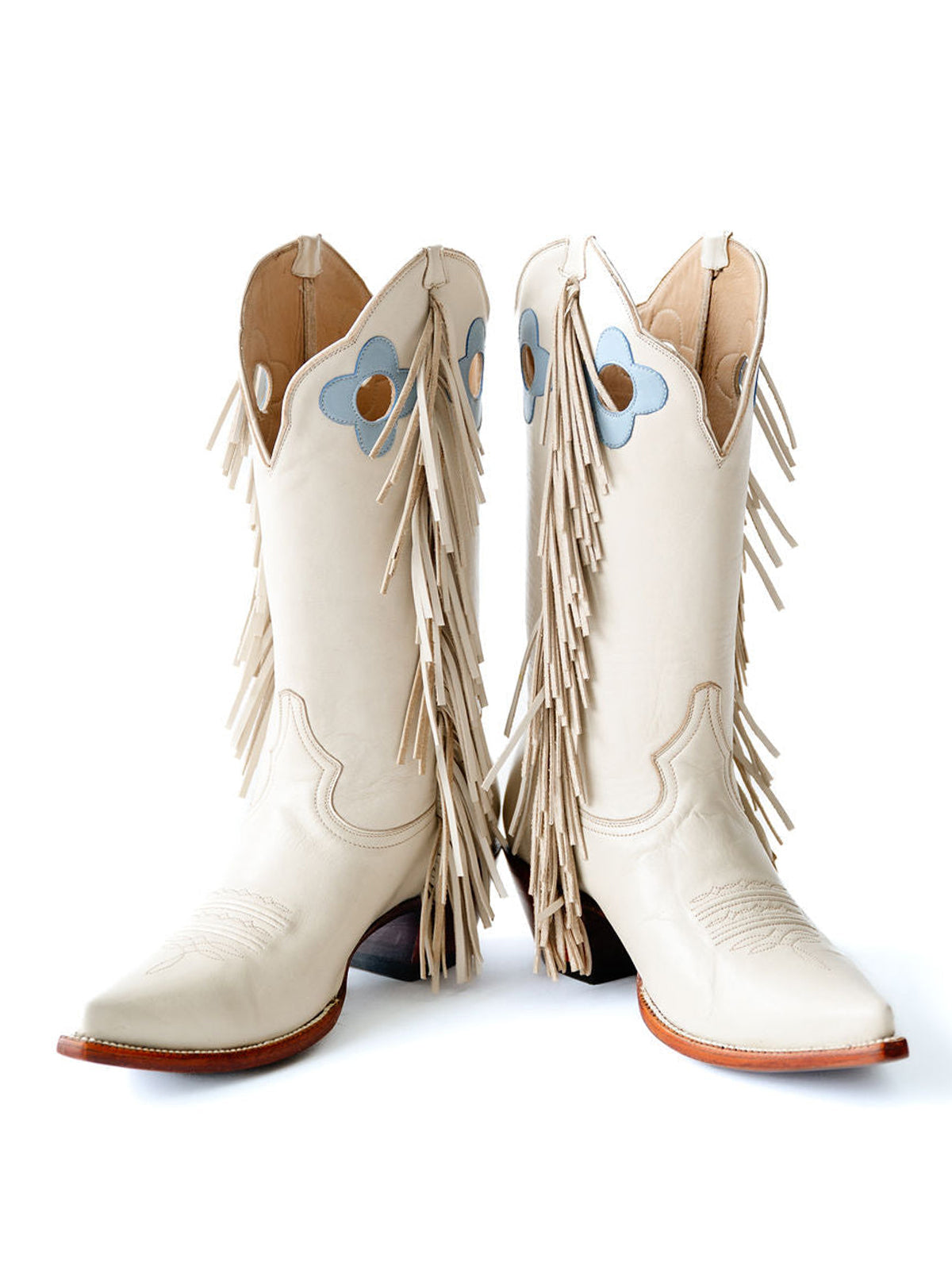 Bone Pointed-Toe Side Fringes And Cutout Mid Calf Cowgirl Boots