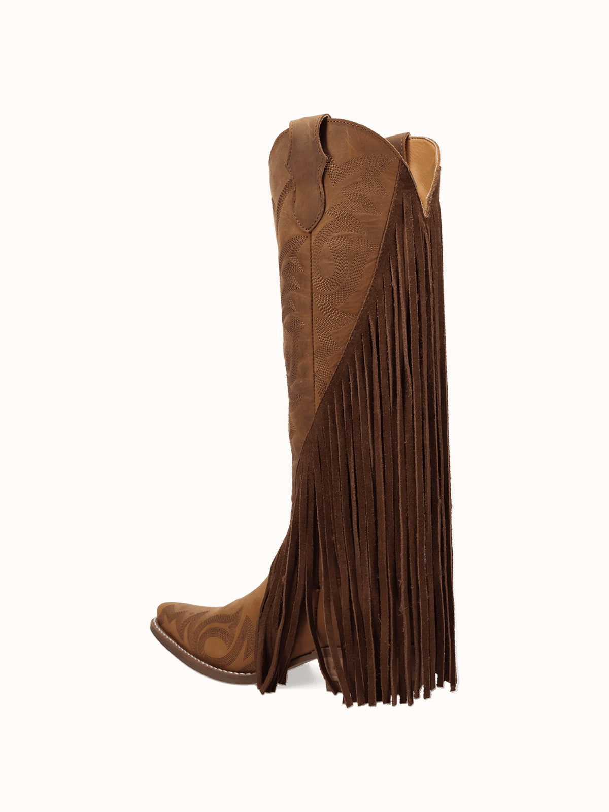 Brown Snip-Toe Faux Suede Side Fringe Embroidery Wide Calf Knee High Cowgirl Boots