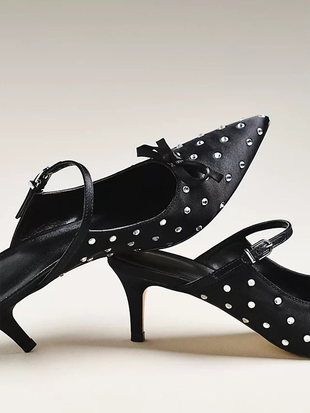 Black Rhinestone Satin Pointed-Toe Bridge Strap Kitten Heels With Bow