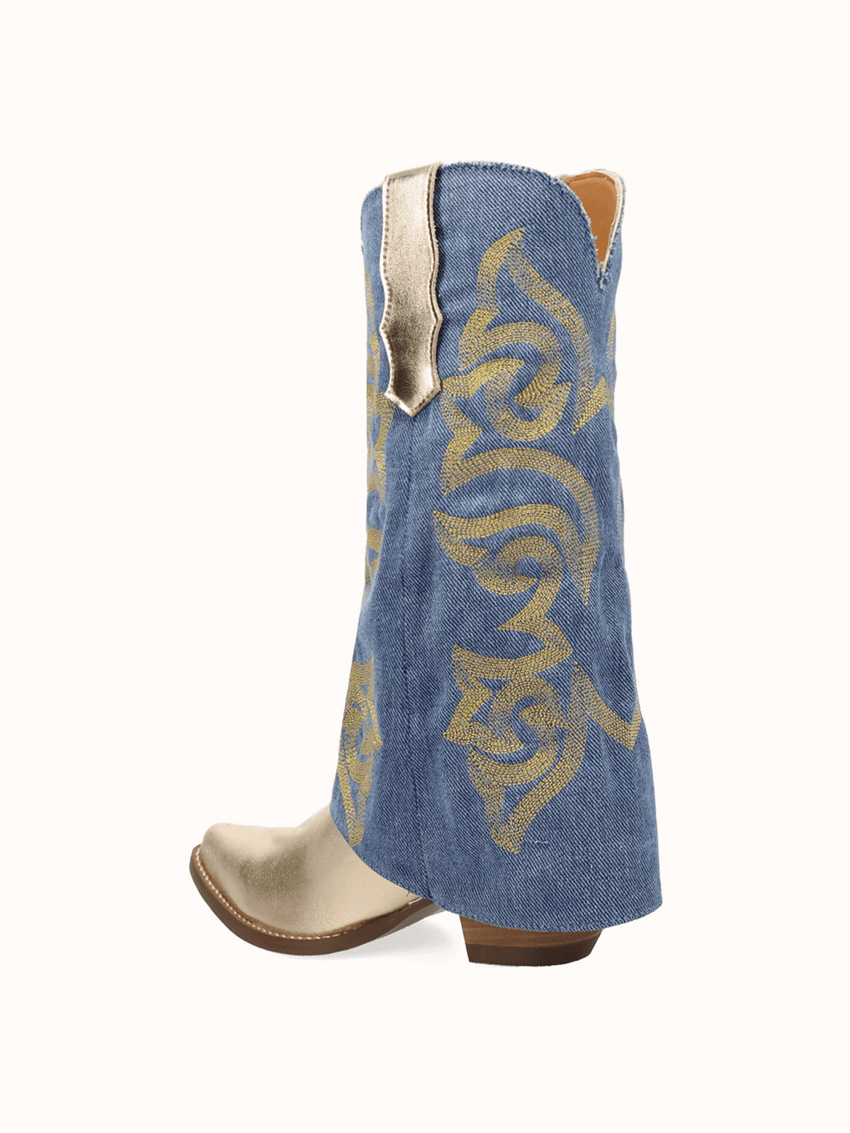 Blue Denim And Gold Snip-Toe Embroidery Fold-Over Wide Calf Knee High Cowgirl Boots