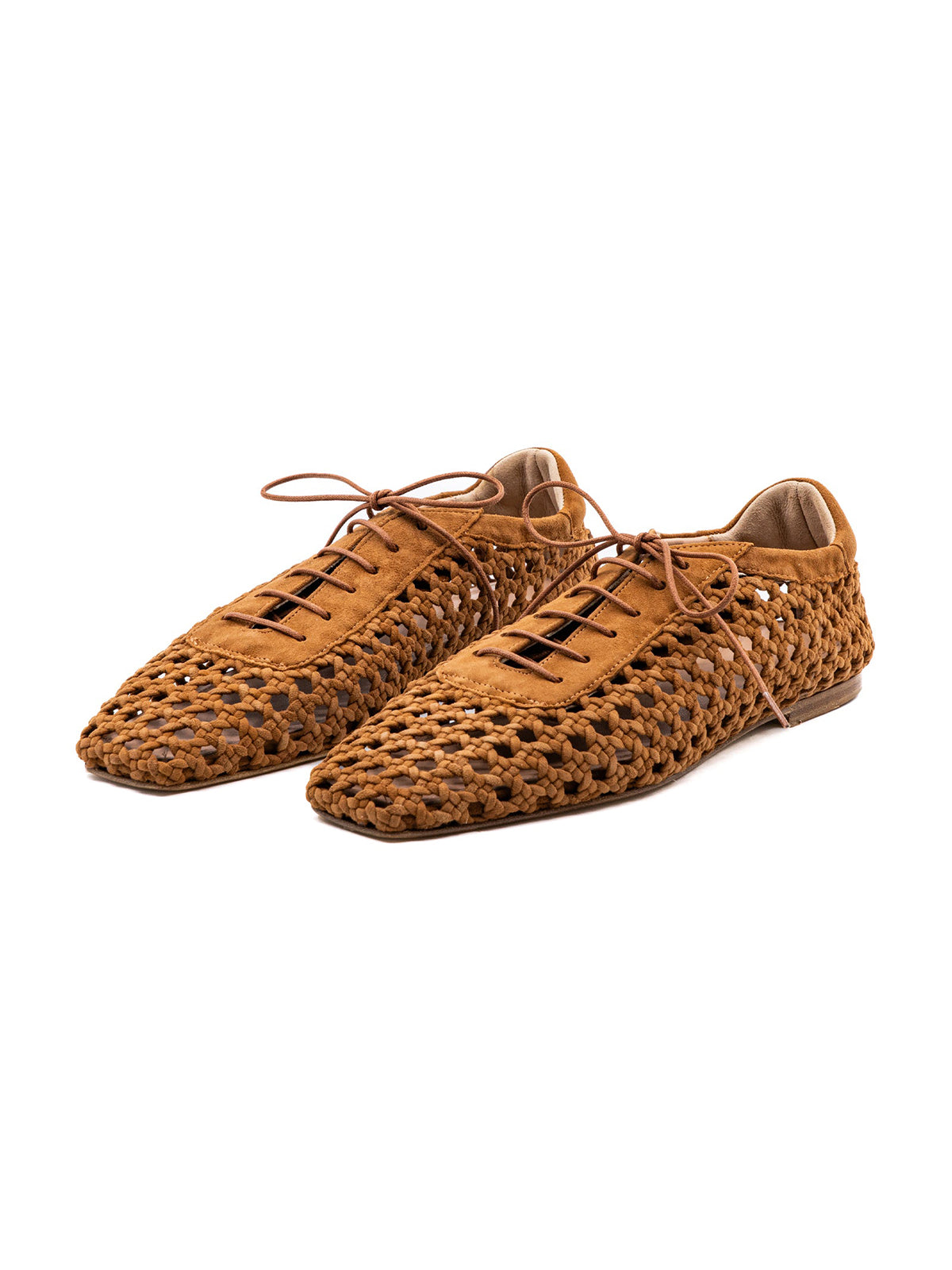 Brown Woven Faux Suede Square-Toe Lace-Up Chic Flats