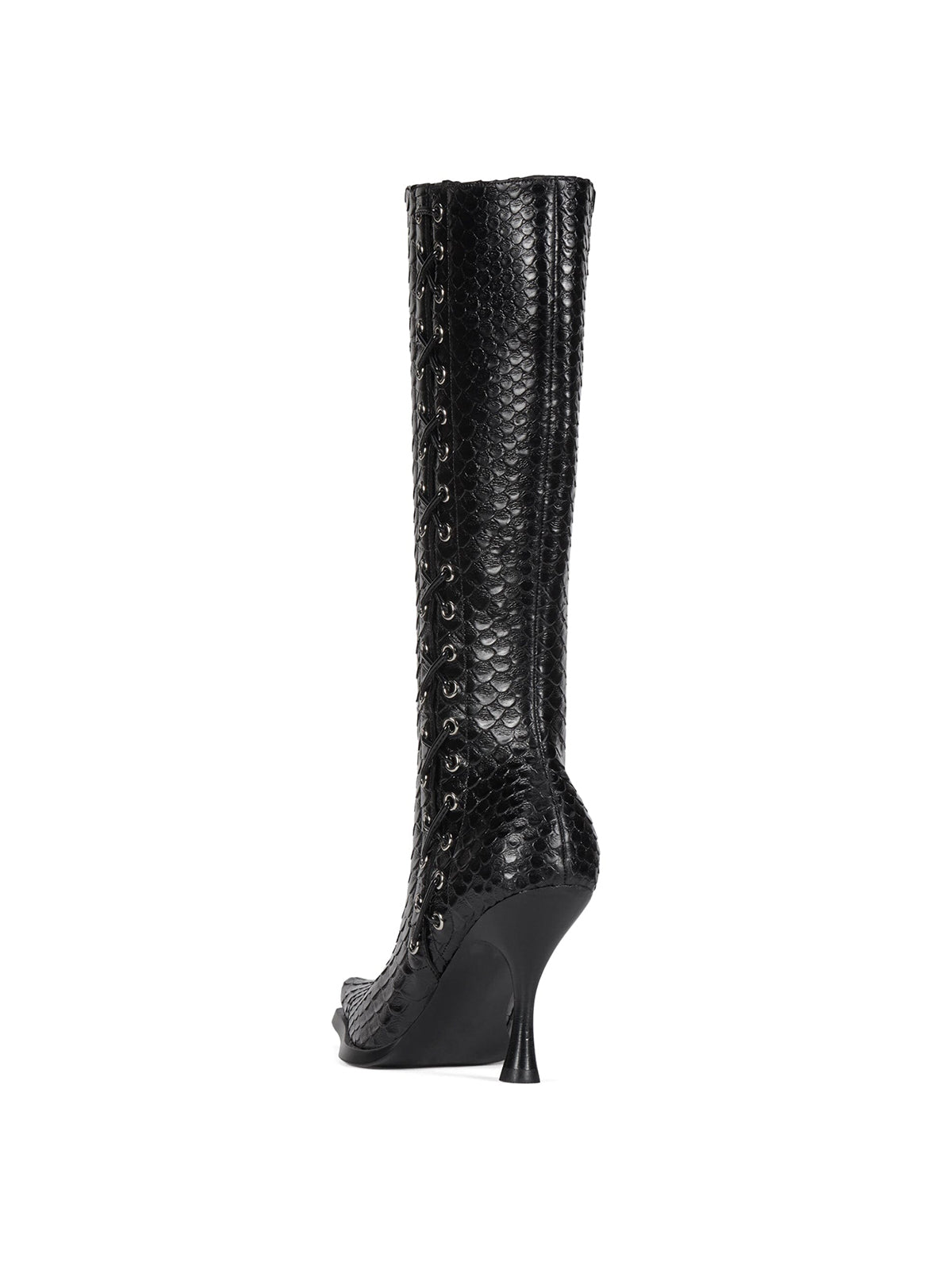 Black Pointed-Toe Side Lace-Up And Full-Zip Wide Calf Knee High Stiletto Boots