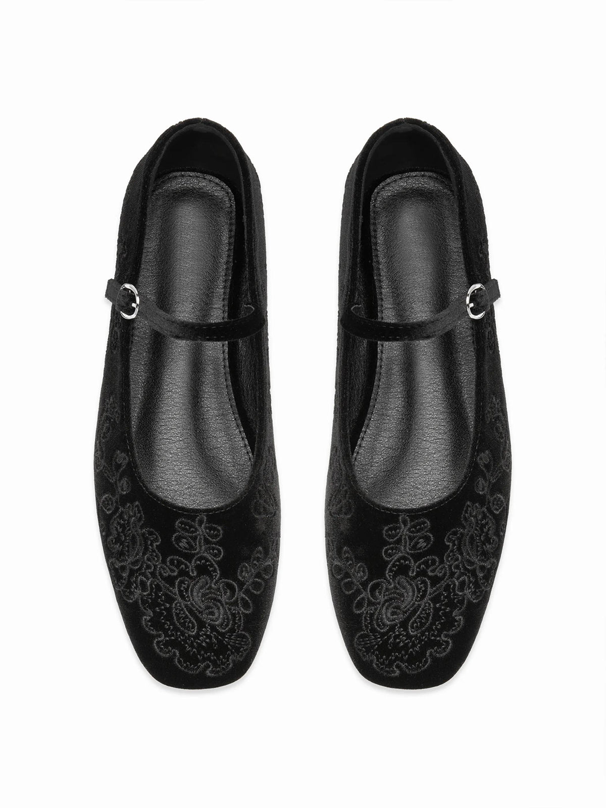 Black Velvet Square-Toe Leaves Embroidery Chic Mary Jane Ballet Flats