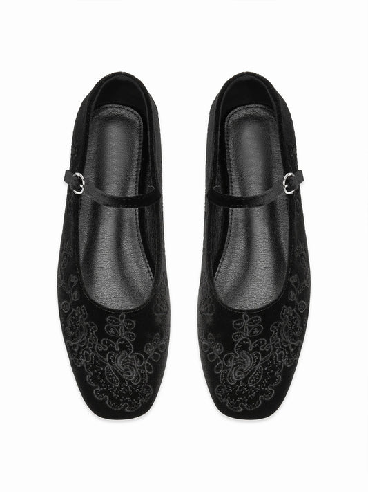 Black Velvet Square-Toe Leaves Embroidery Chic Mary Jane Ballet Flats