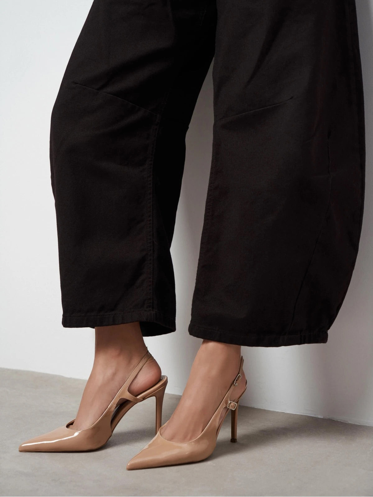 Patent Leather Pointed-Toe Buckle Back Strap Chic High Heels - Beige