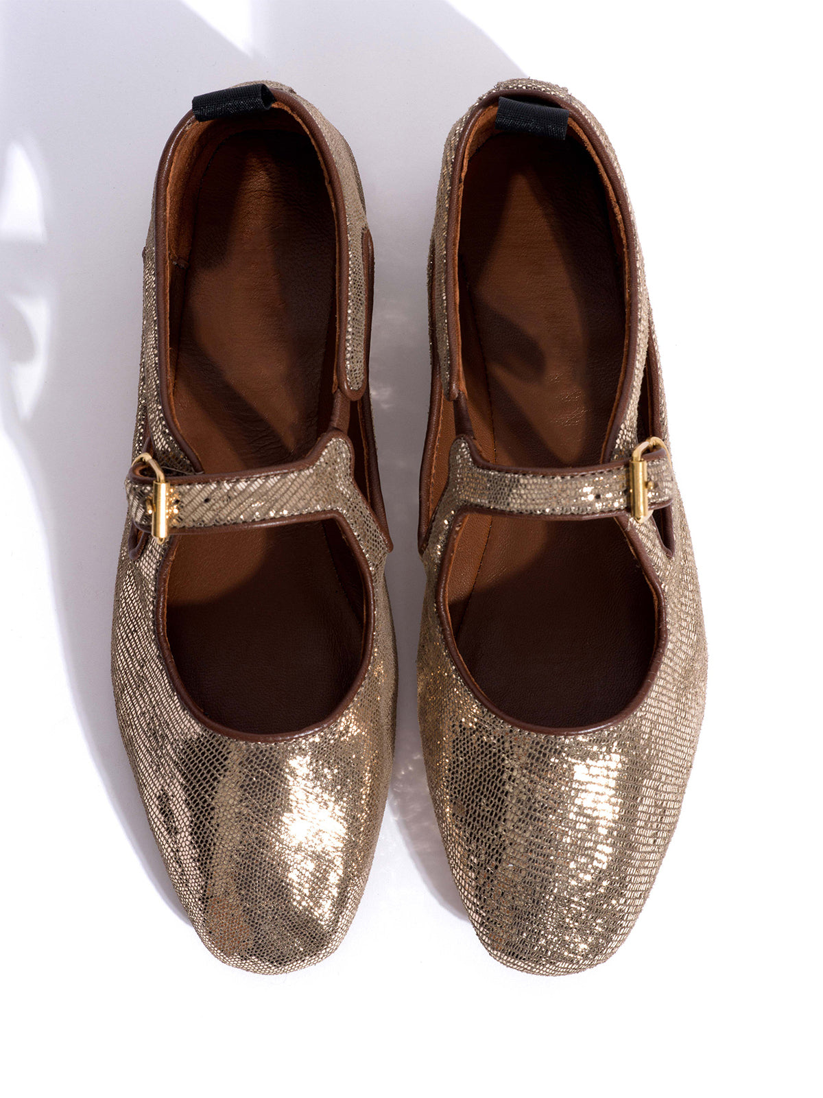 Square-Toe Buckle Strap Chic Flats - Metallic Champagne