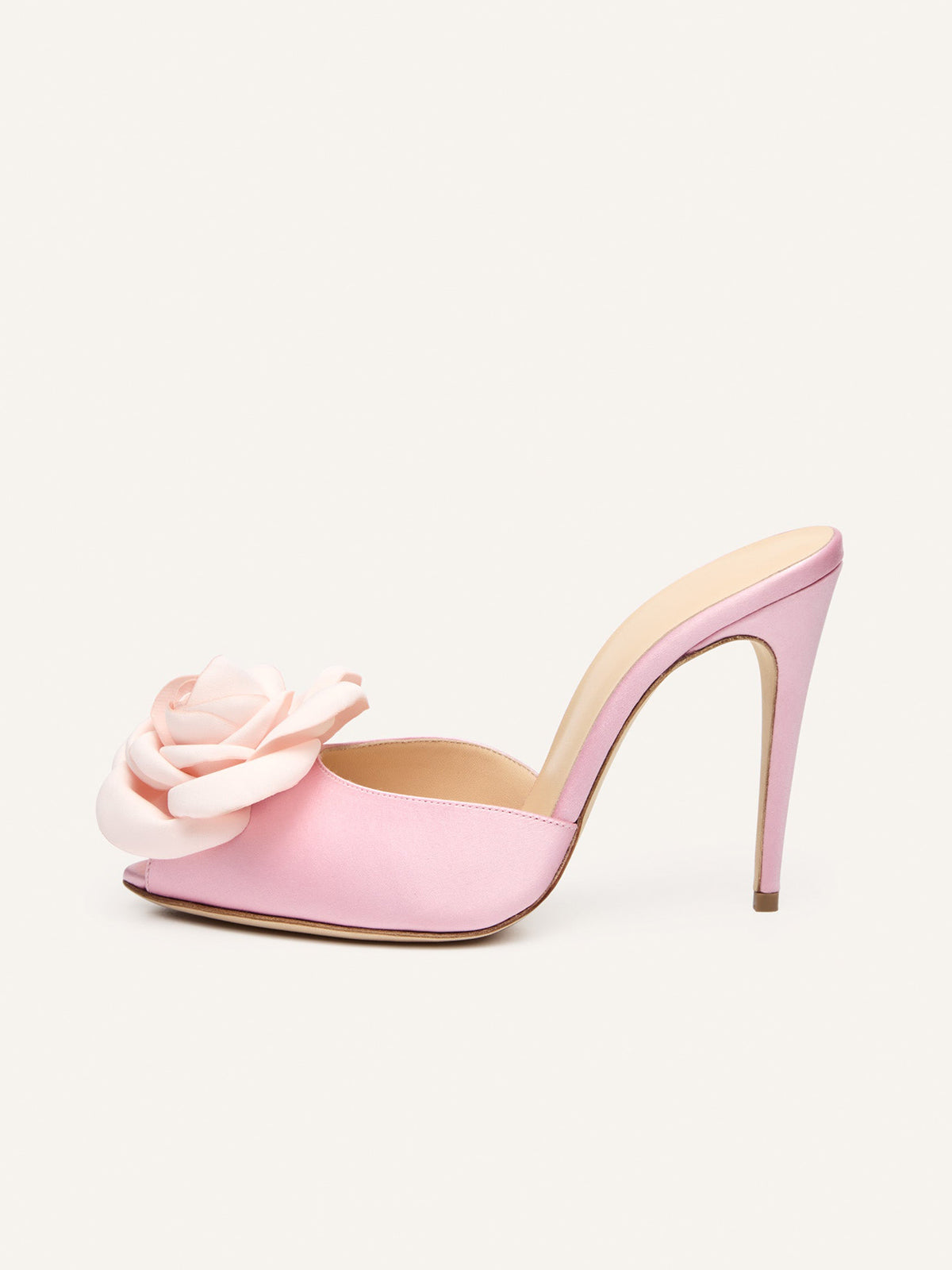 Pink Satin Round-Toe Front Floral Inlay High Heels
