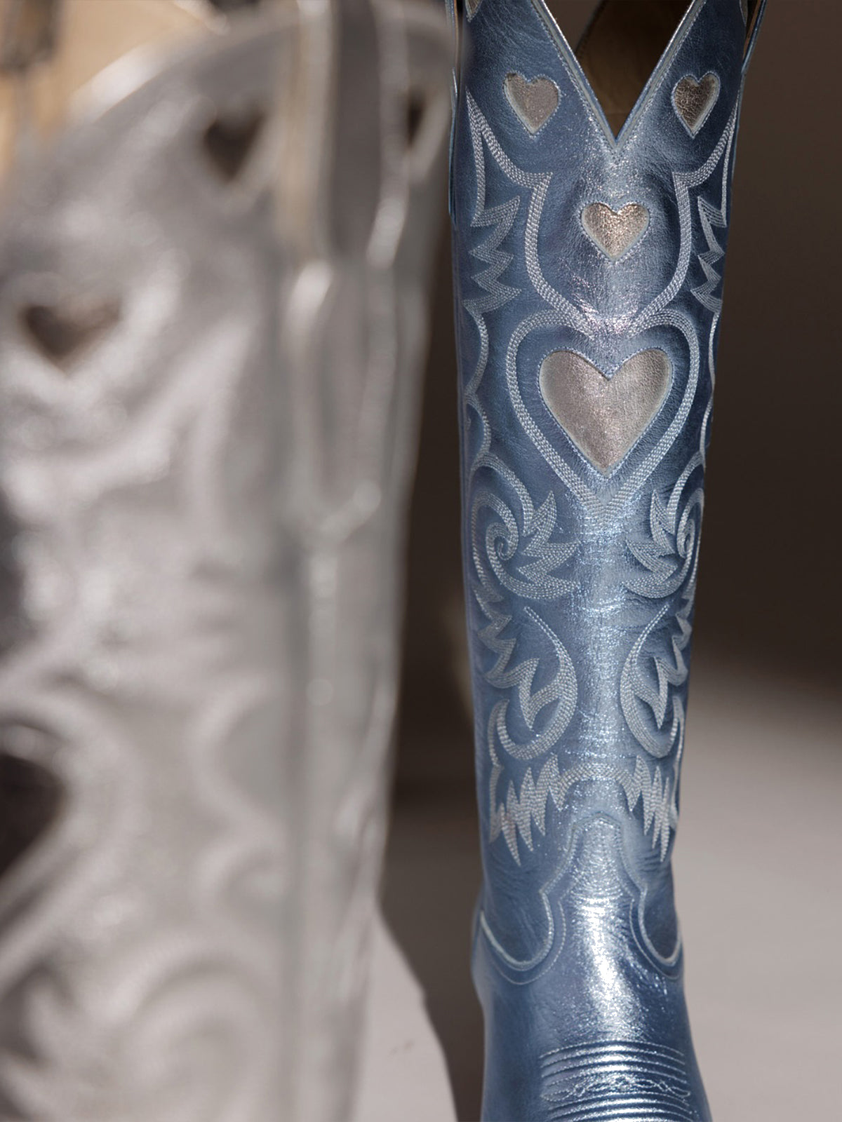 Metallic Silver Round-Toe Chic Hearts Inlay Wide Calf Knee High Cowgirl Boots