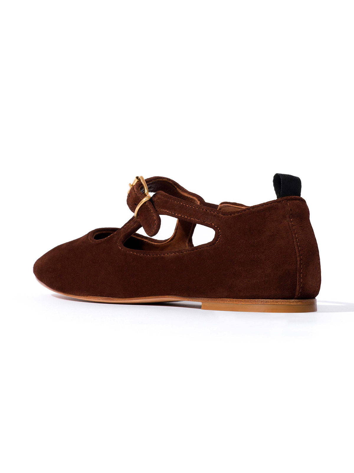 Square-Toe Buckle Strap Chic Flats - Chocolate Faux Suede