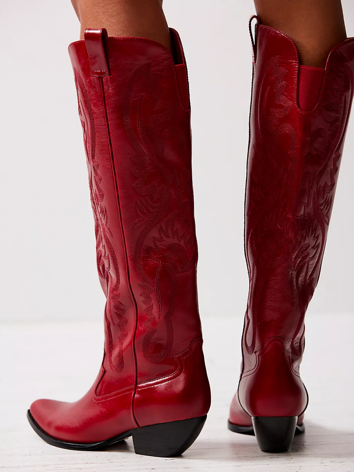 Red Embroidery Pointed-Toe Tall Wide Mid Calf Western Boots For Women