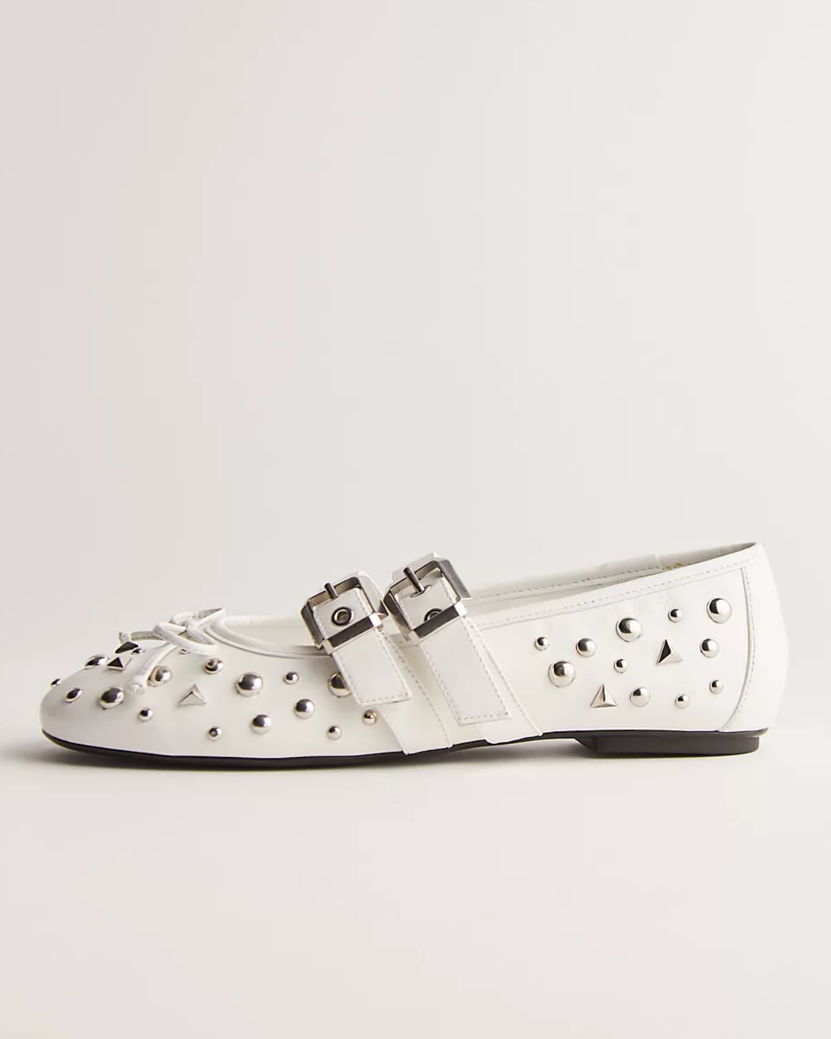 White Bow Studded Ballet Flats Mary Janes With Grommet Buckled Strap