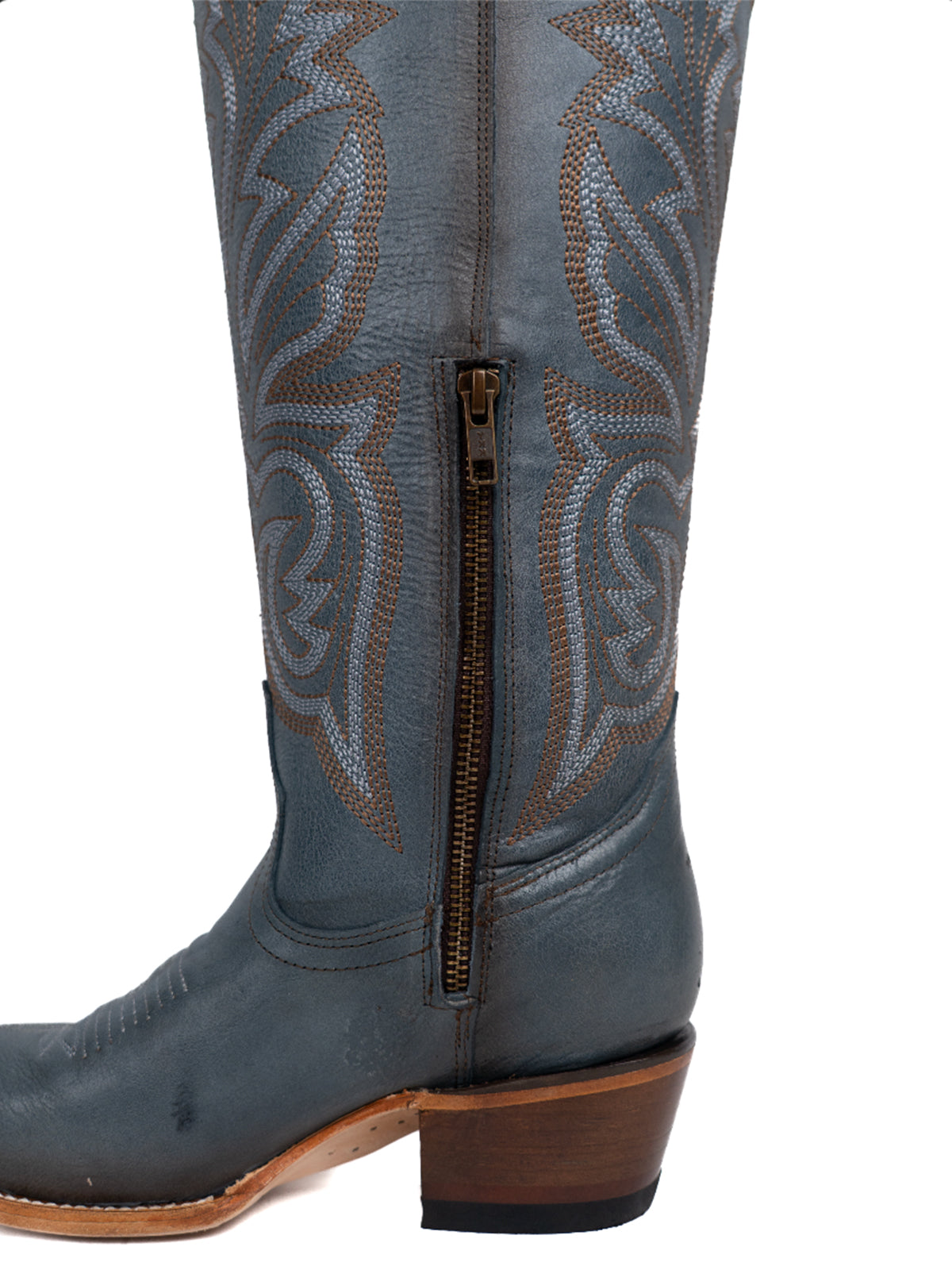 Snip-Toe Embroidery Half-Zip Tall Knee High Cowgirl Boots For Woman - Black
