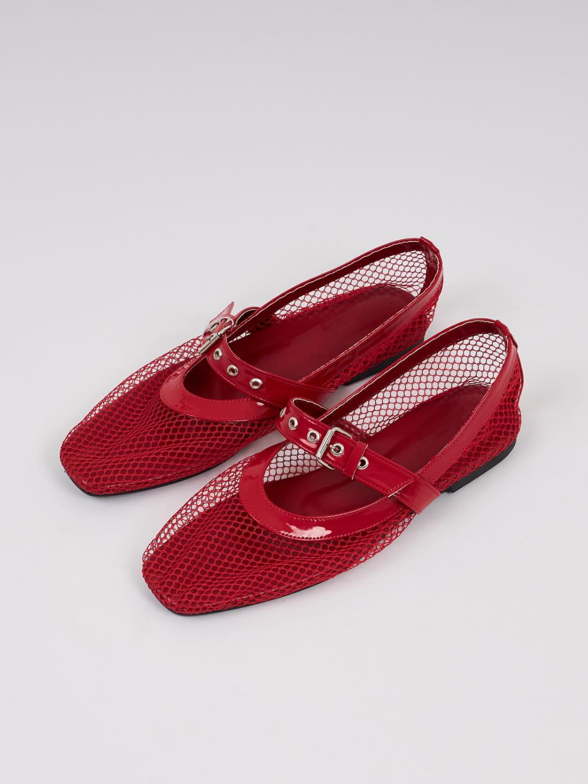 Red Fishnet Square Toe Ballet Flats Grommet Buckle Strap Mary Janes