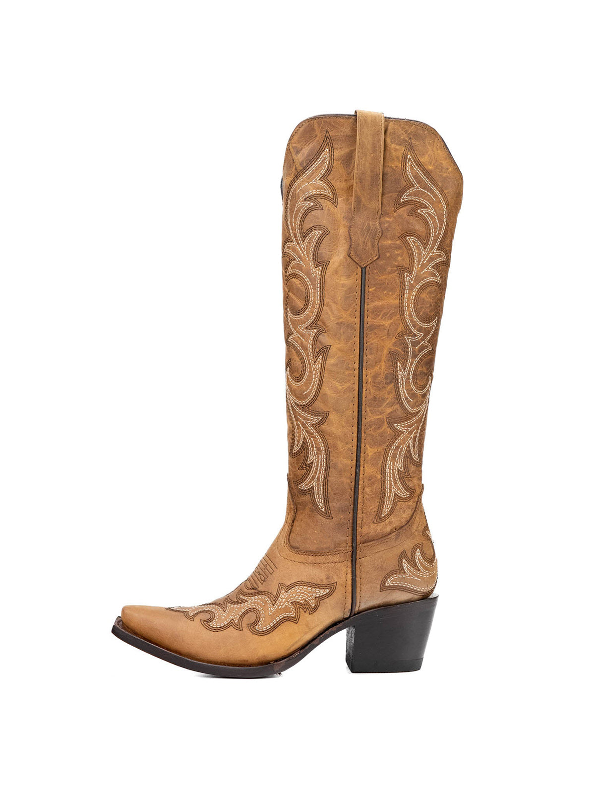 Snip-Toe Chic Embroidery Half-Zip Knee High Cowgirl Boots For Woman - Distressed Tan