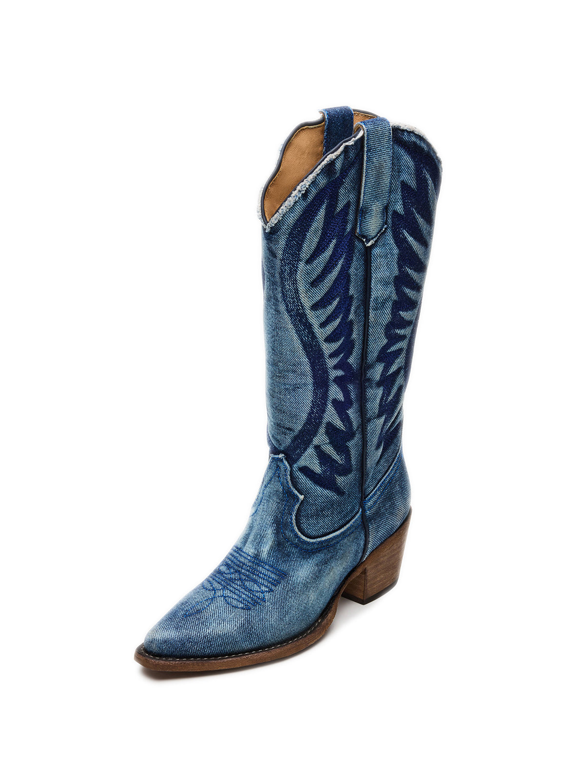 Blue Denim Pointed-Toe Wings Embroidery Mid Calf Cowgirl Boots