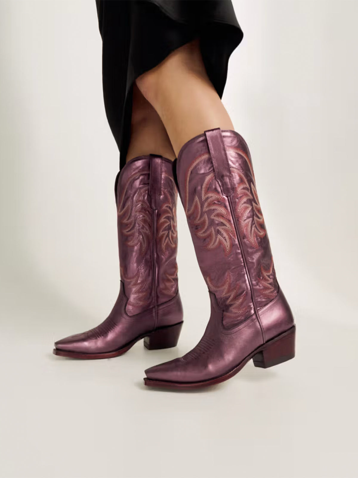 Metallic Purple Snip-Toe Embroidery Wide Calf Knee High Cowgirl Boots