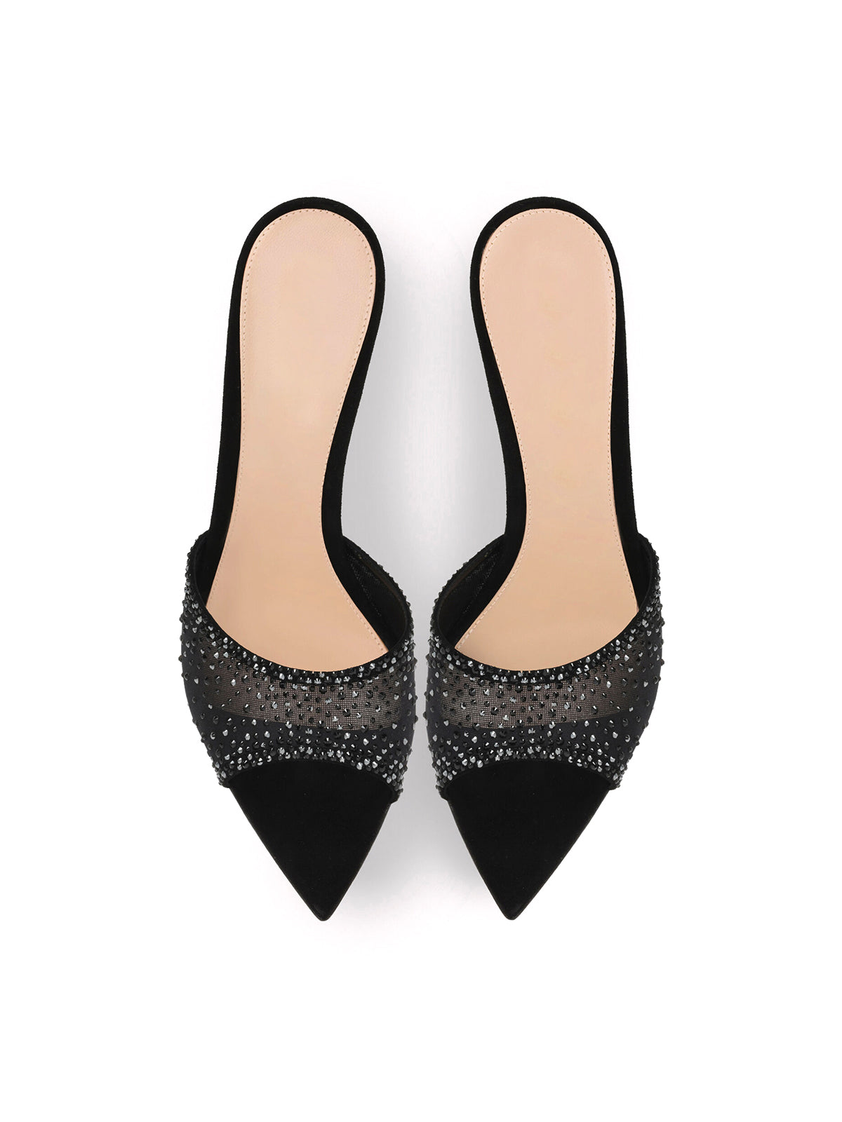 Rhinestones Mesh Open Pointed-Toe Backless Slip-On High Heels – Black