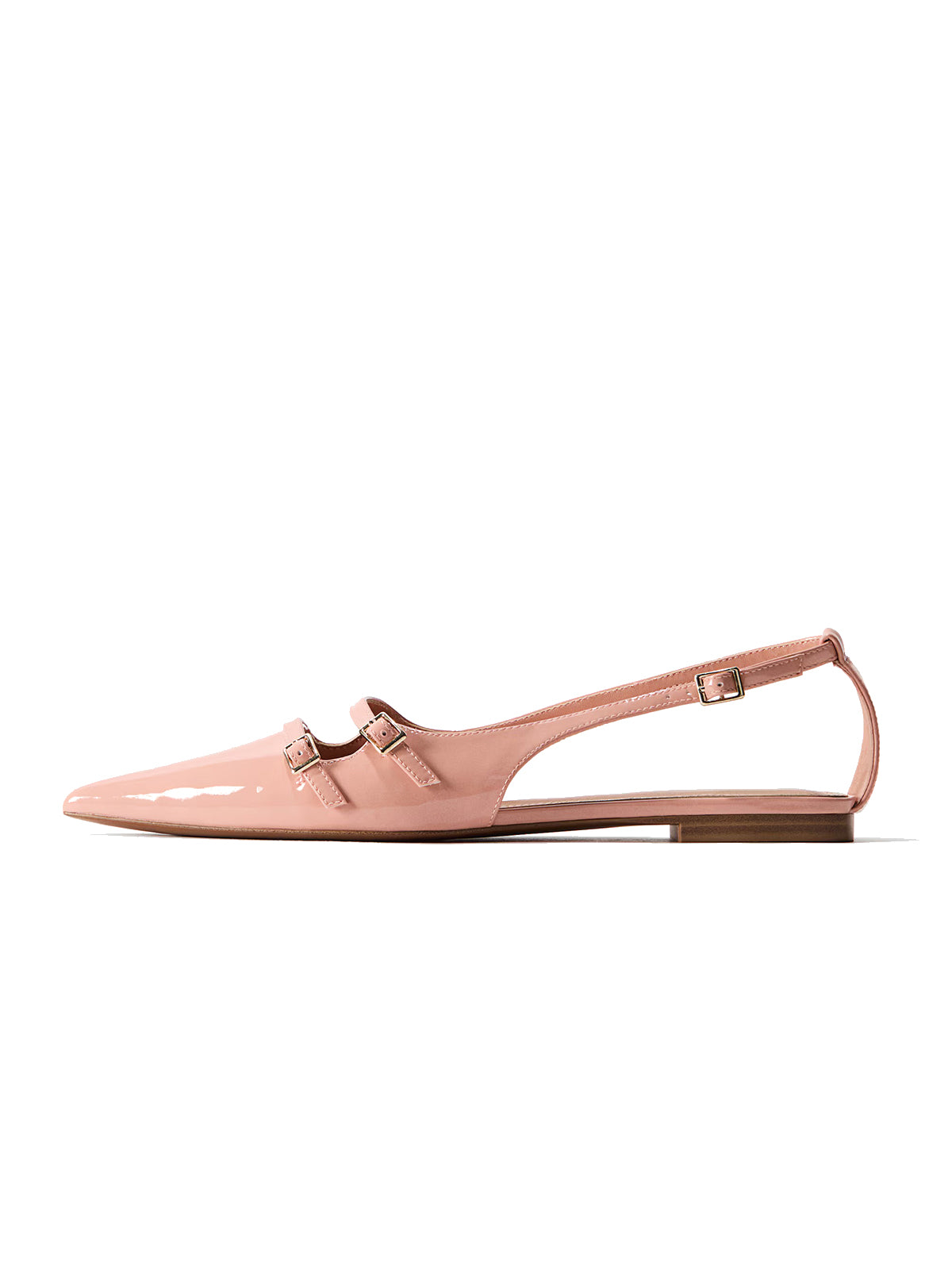 Patent Pink Pointed-Toe Front Double Strap And Slingback Flats