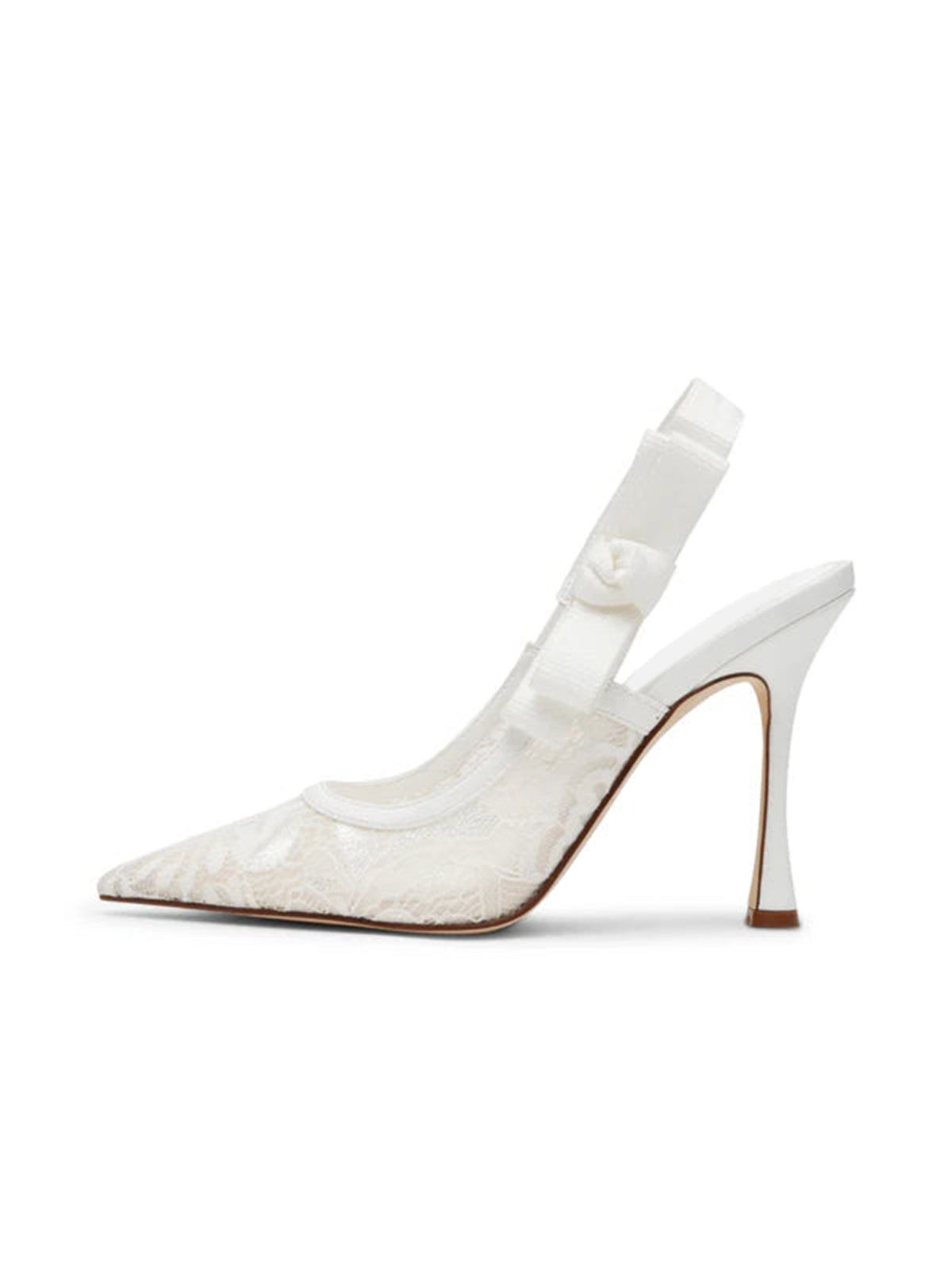 White Lace Mesh Pointed-Toe Slingback With Bow High Heels