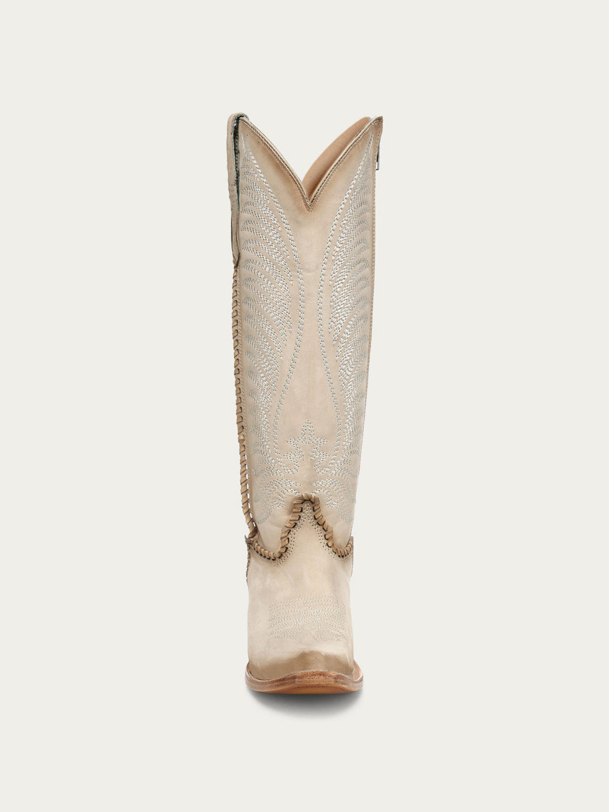 Bone Snip-Toe Embroidery Side Woven Detail Full-Zip Knee High Cowgirl Boots