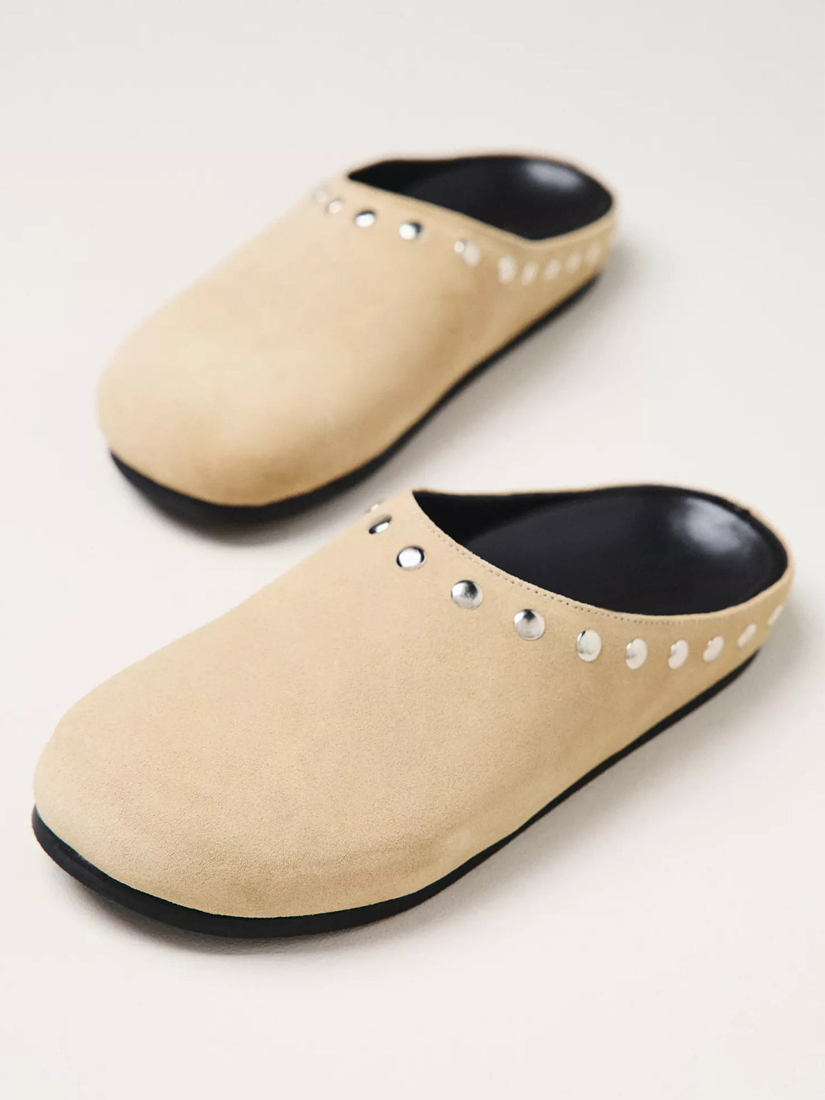 Taupe Faux Suede Square-Toe Studded Backless Slip-On Flats