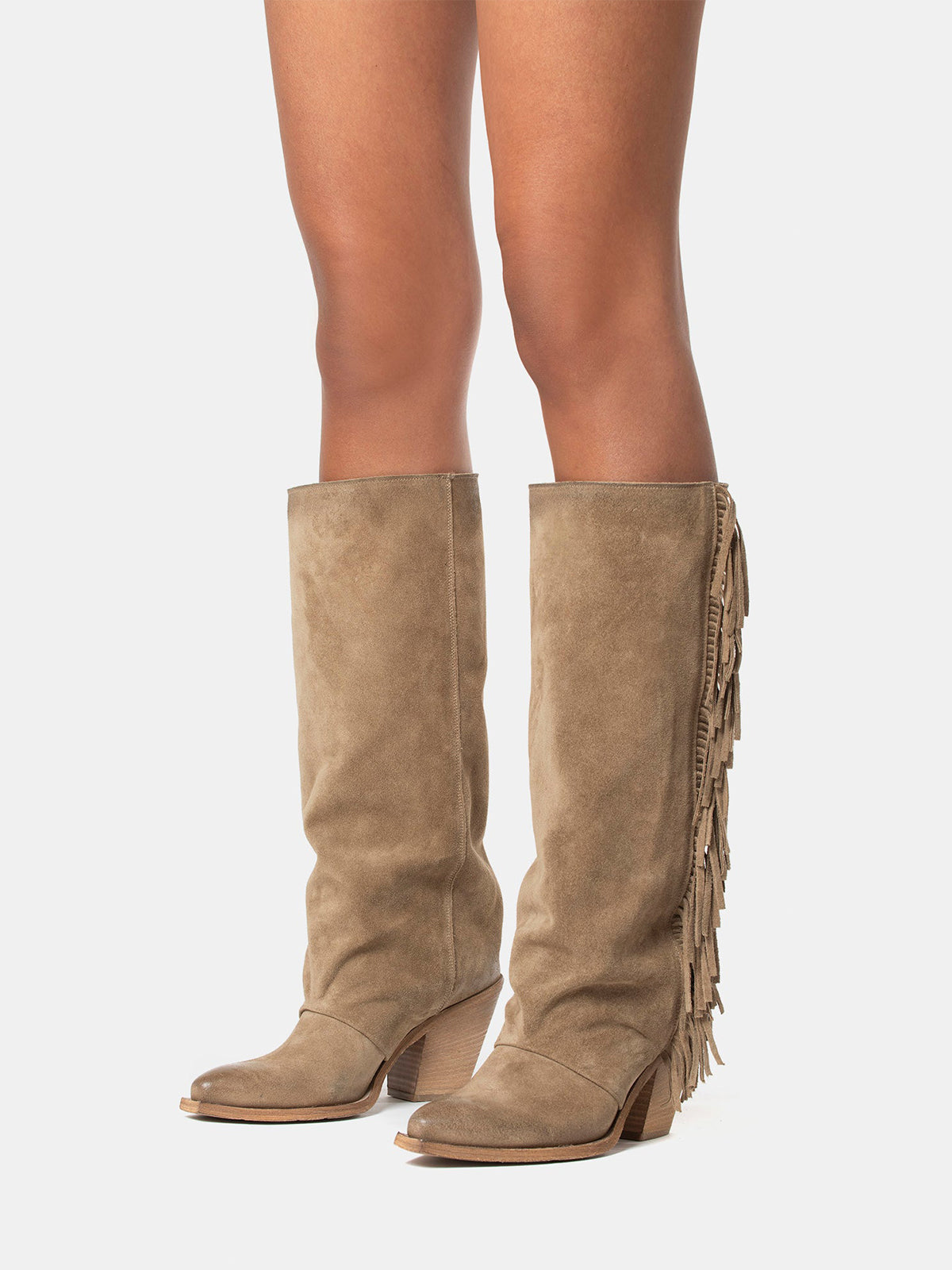 Taupe Faux Suede Snip-Toe Side Fringe Wide Calf Knee High Cowgirl Boots