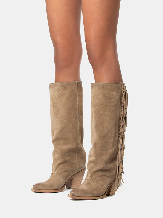 Taupe Faux Suede Snip-Toe Side Fringe Wide Calf Knee High Cowgirl Boots