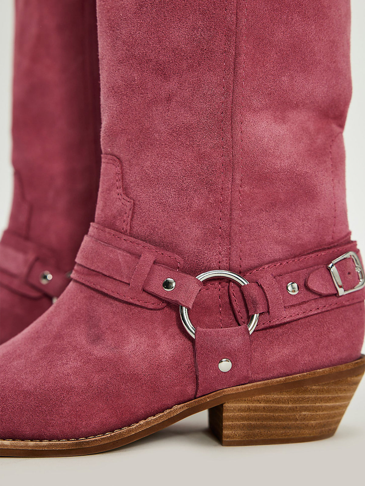 Pink Faux Suede Square-Toe Ankle Buckle Straps Mid Calf Cowgirl Boots