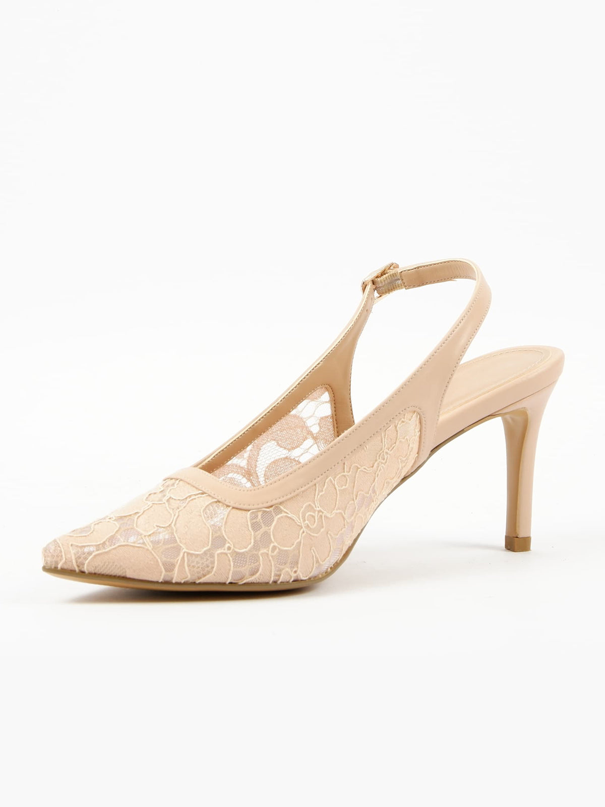 Nude Lace Mesh Pointed-Toe Classic Back Strap Chic Kitten Heels