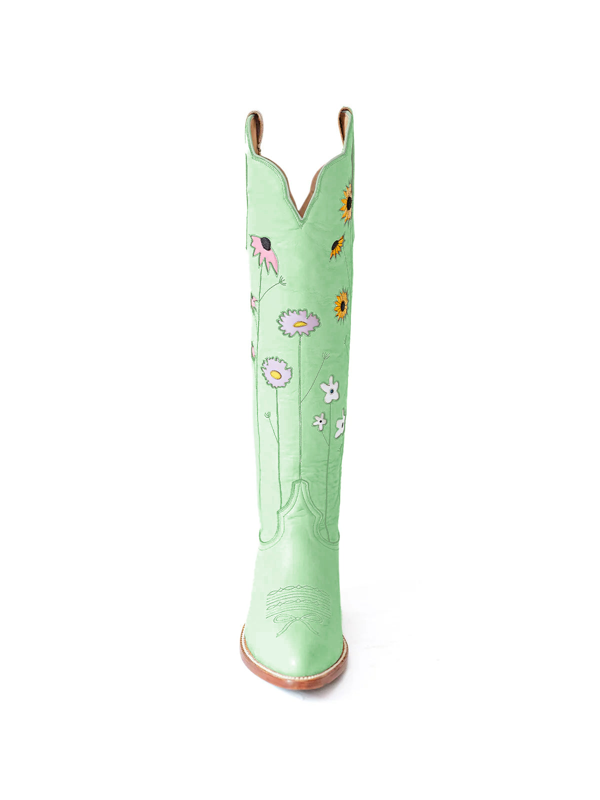 Light Green Almond-Toe Colorful Flowers Inlay Wide Calf Knee High Cowgirl Boots
