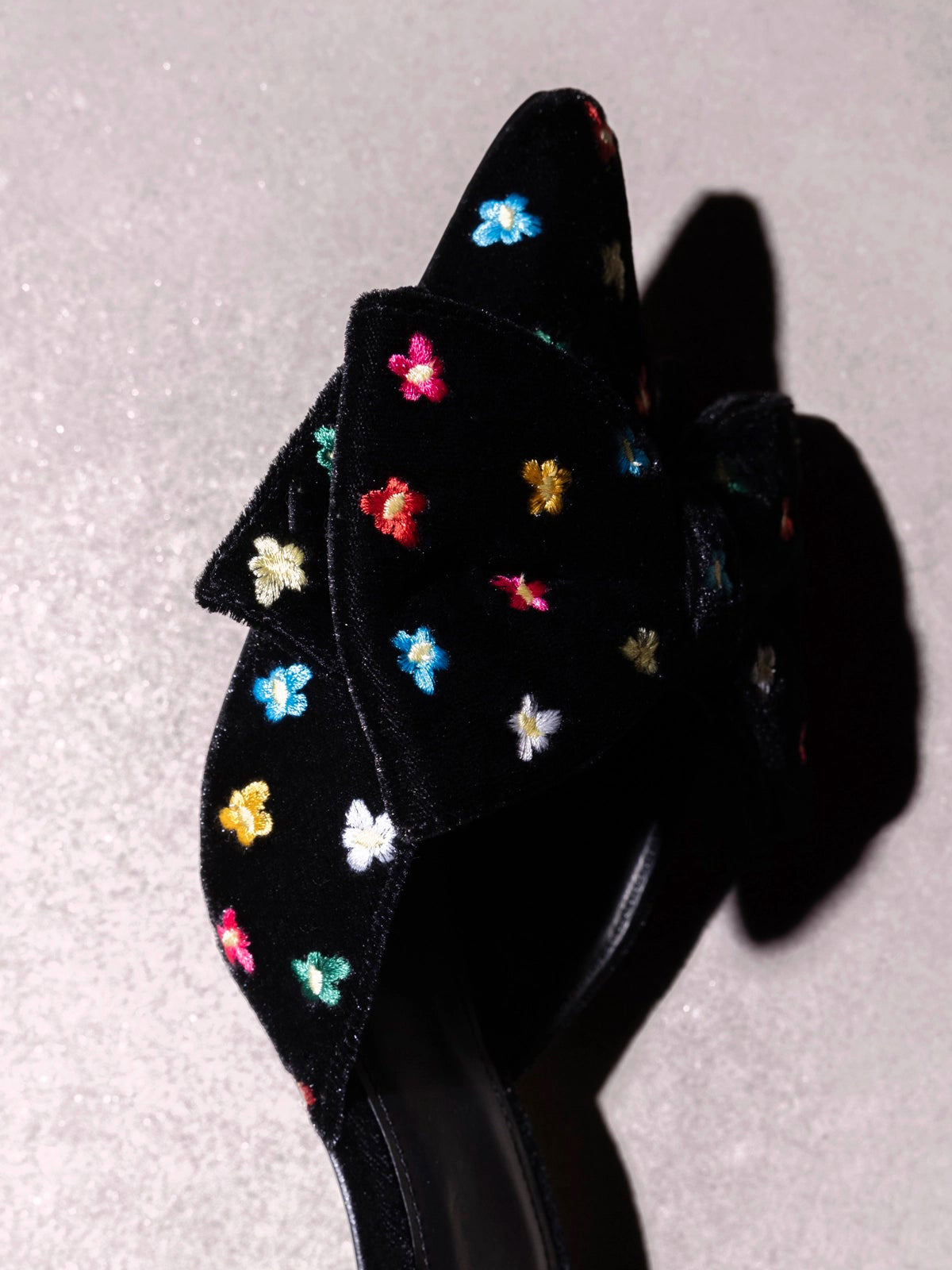 Black Velvet Pointed-Toe Flowers Embroidery Big Front Bow High Heels
