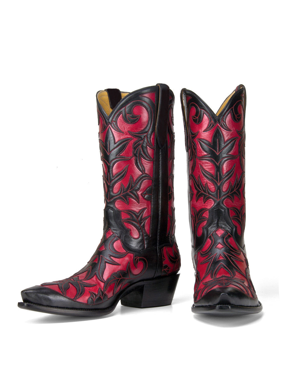 Contrast Red And Black Snip-Toe Decorative Inlay Mid Calf Cowgirl Boots
