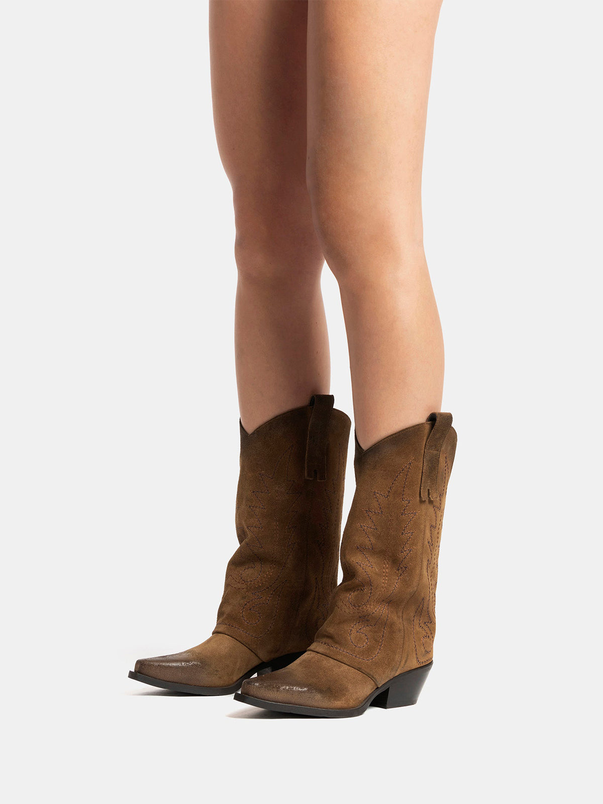 Taupe Snip-Toe Faux Suede Embroidery Classic Mid Calf Cowgirl Boots