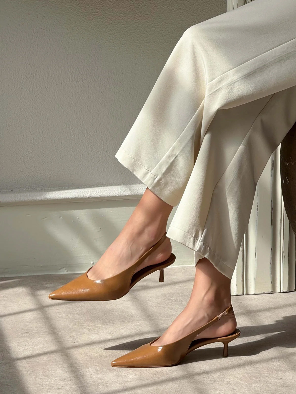 Slingback Pointed-Toe Kitten Heels - Tan