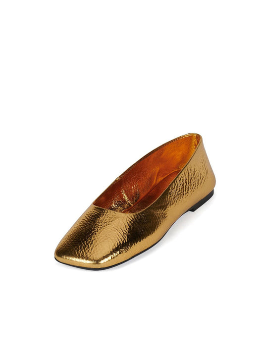 Crinkle Metallic Gold Square-Toe Ballet Flats