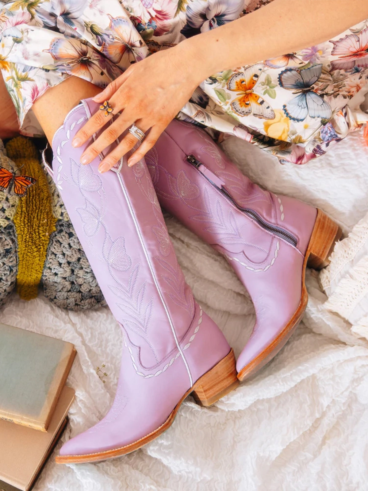 Almond-Toe Elegant Flowers Embroidery Knee High Half-Zip Cowgirl Boots - Lavender