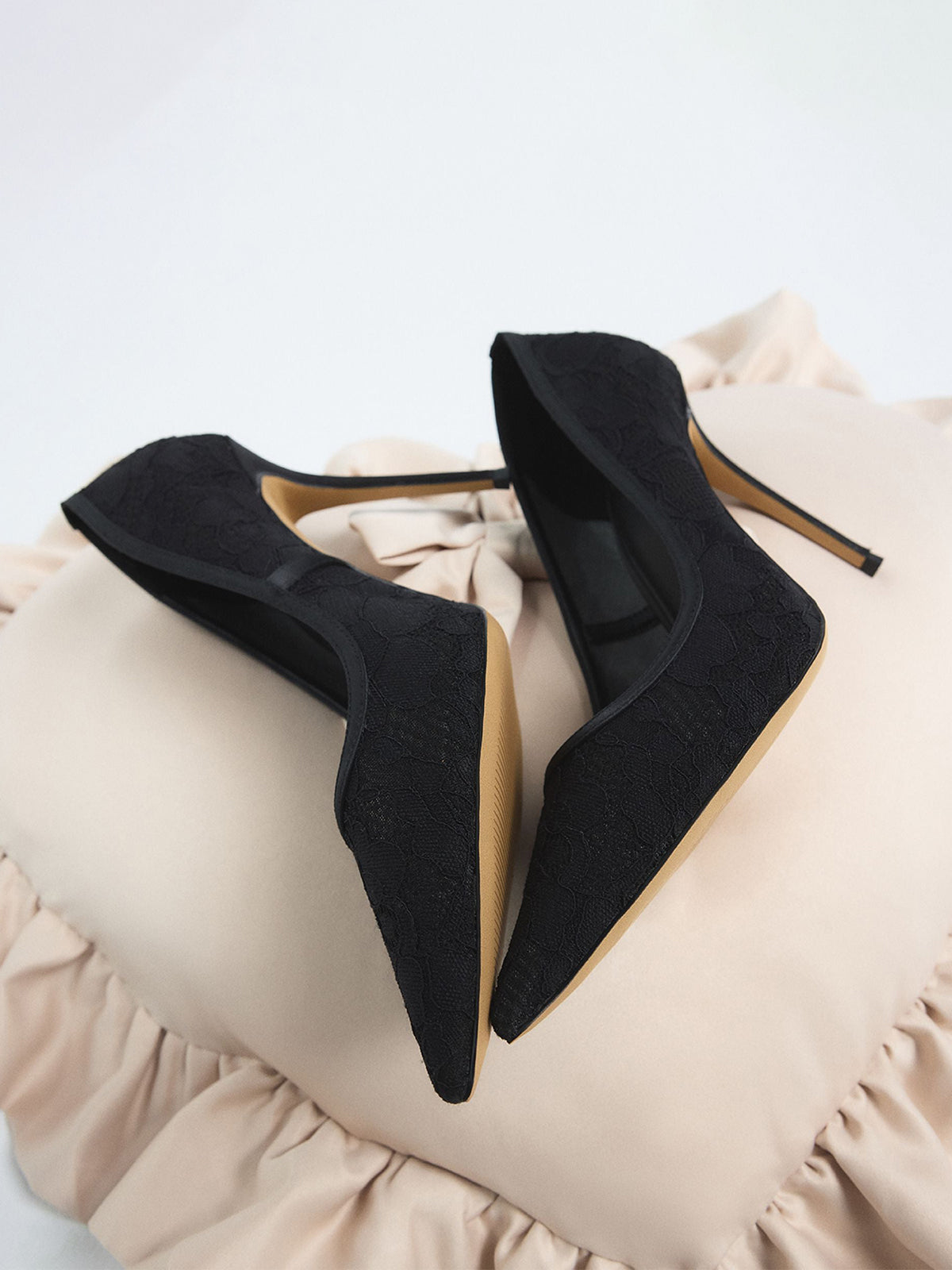 Black Lace Mesh And Satin Pointed-Toe Slip-On Pumps High Heels