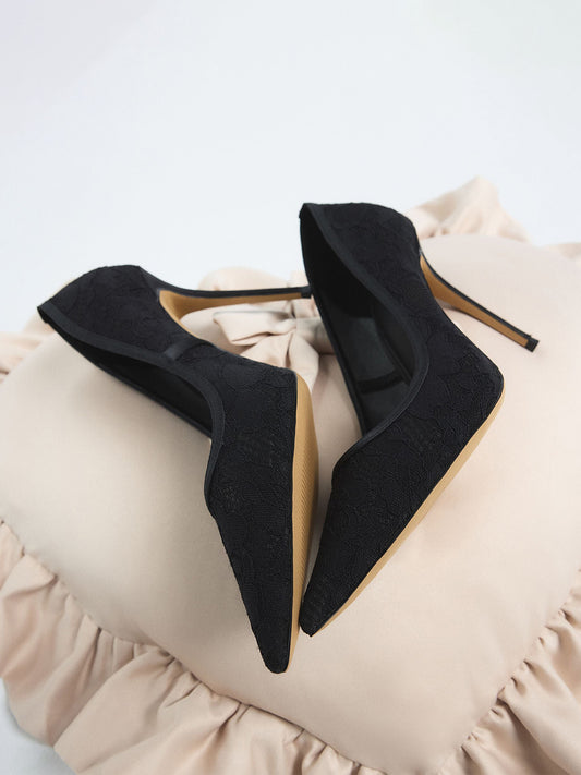Black Lace Mesh And Satin Pointed-Toe Slip-On Pumps High Heels