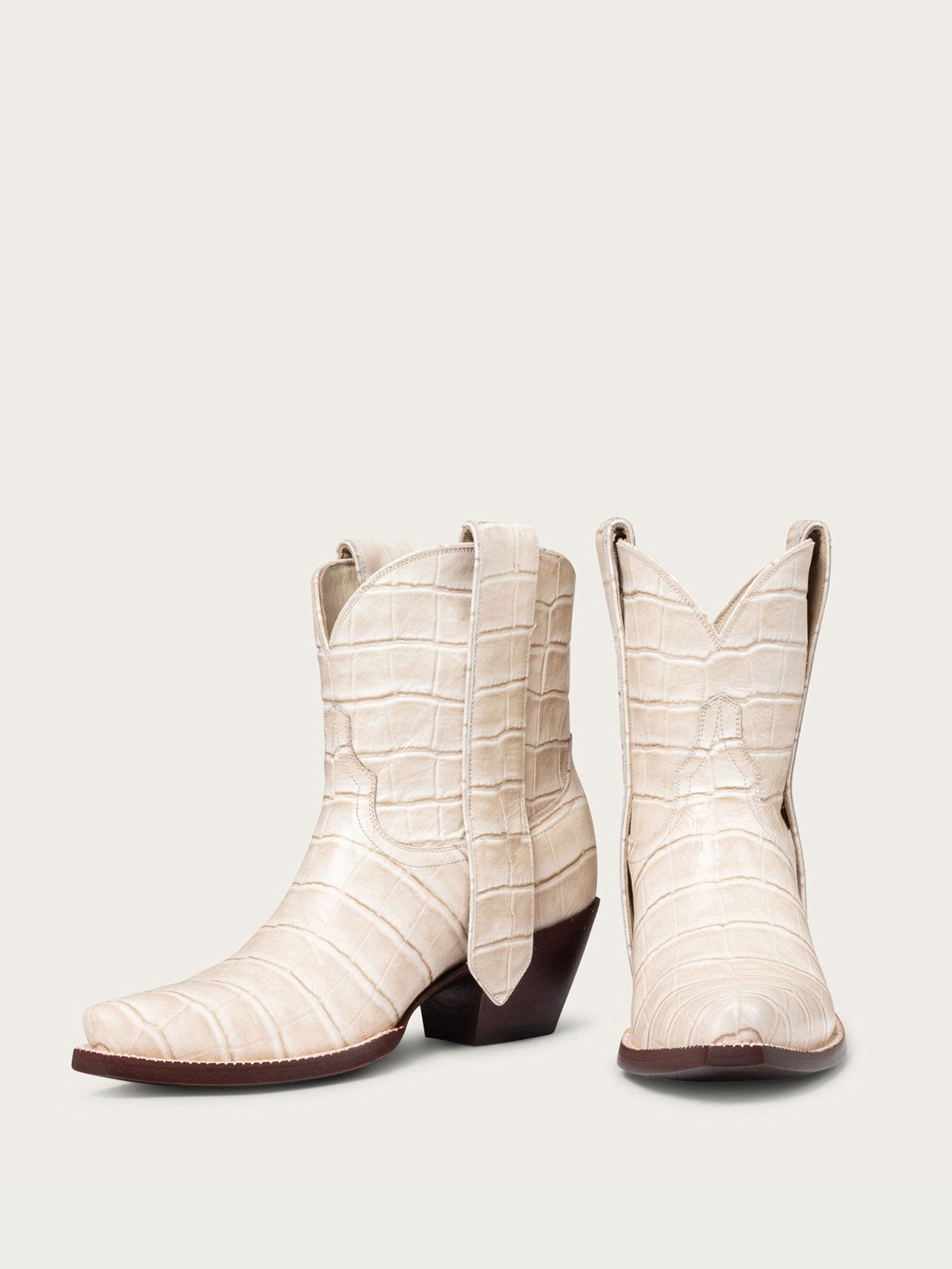 Bone Crocodile Pattern Snip-Toe Elongated Mule Ear Pull Ankle Cowgirl Boots