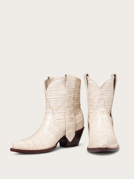 Bone Crocodile Pattern Snip-Toe Elongated Mule Ear Pull Ankle Cowgirl Boots
