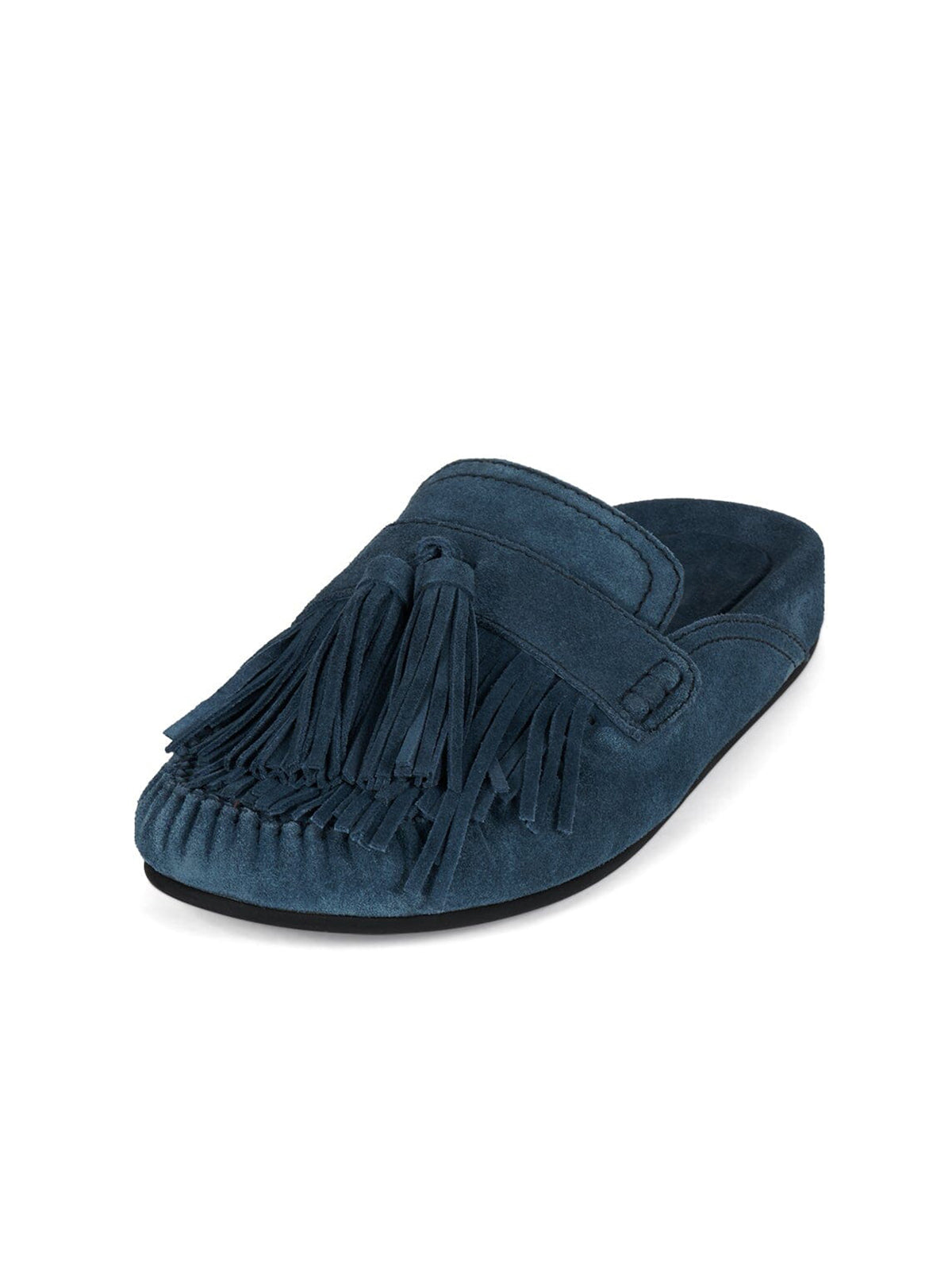 Blue Faux Suede Round-Toe Front Fringe Backless Slip-On Flats